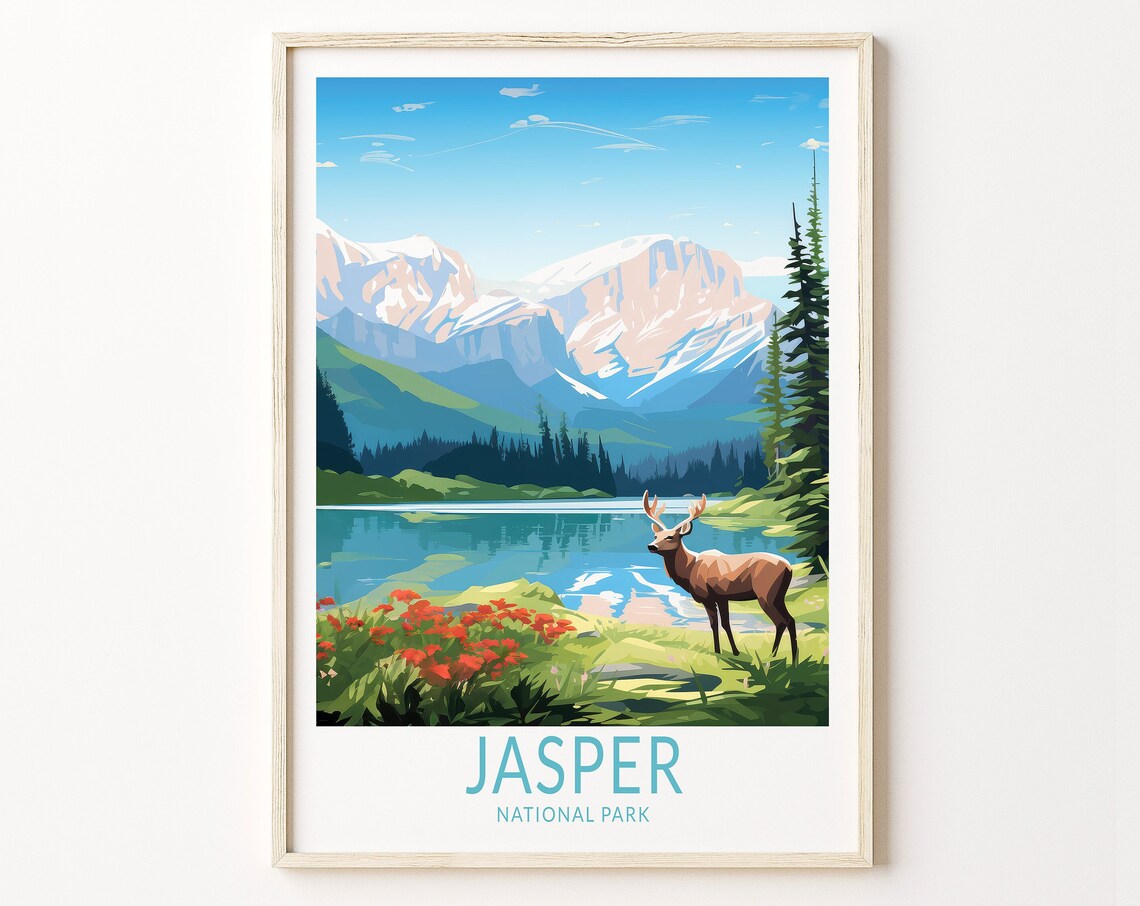 Jasper National Park Elk by the Lake With Snowy Peaks Poster