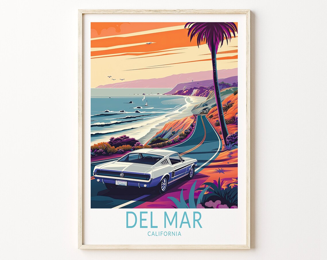 Del Mar California Vintage Mustang Coastal Sunset Travel Poster