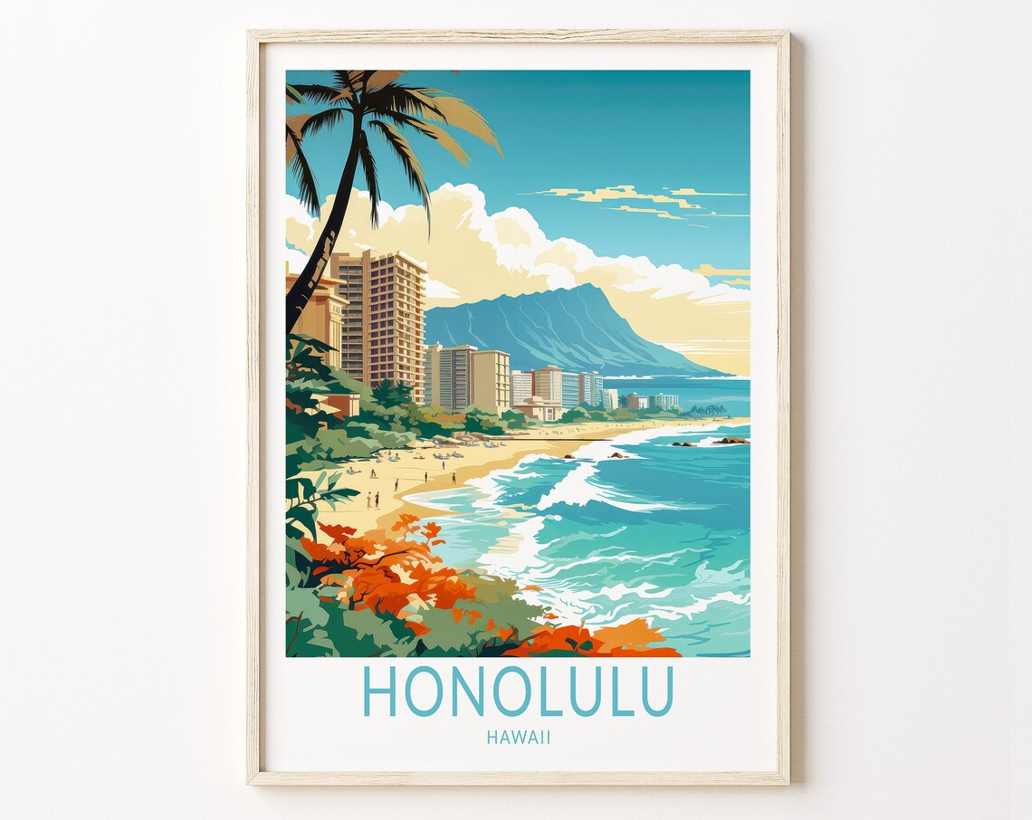 Honolulu Hawaii Travel Poster, Coastal Travel Print