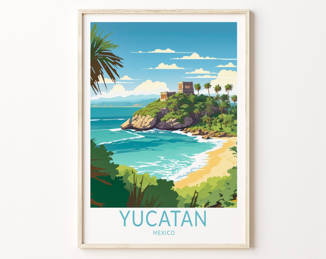 Yucatan Mexico Mayan Ruins Cliffside Beach Tropical Travel Poster