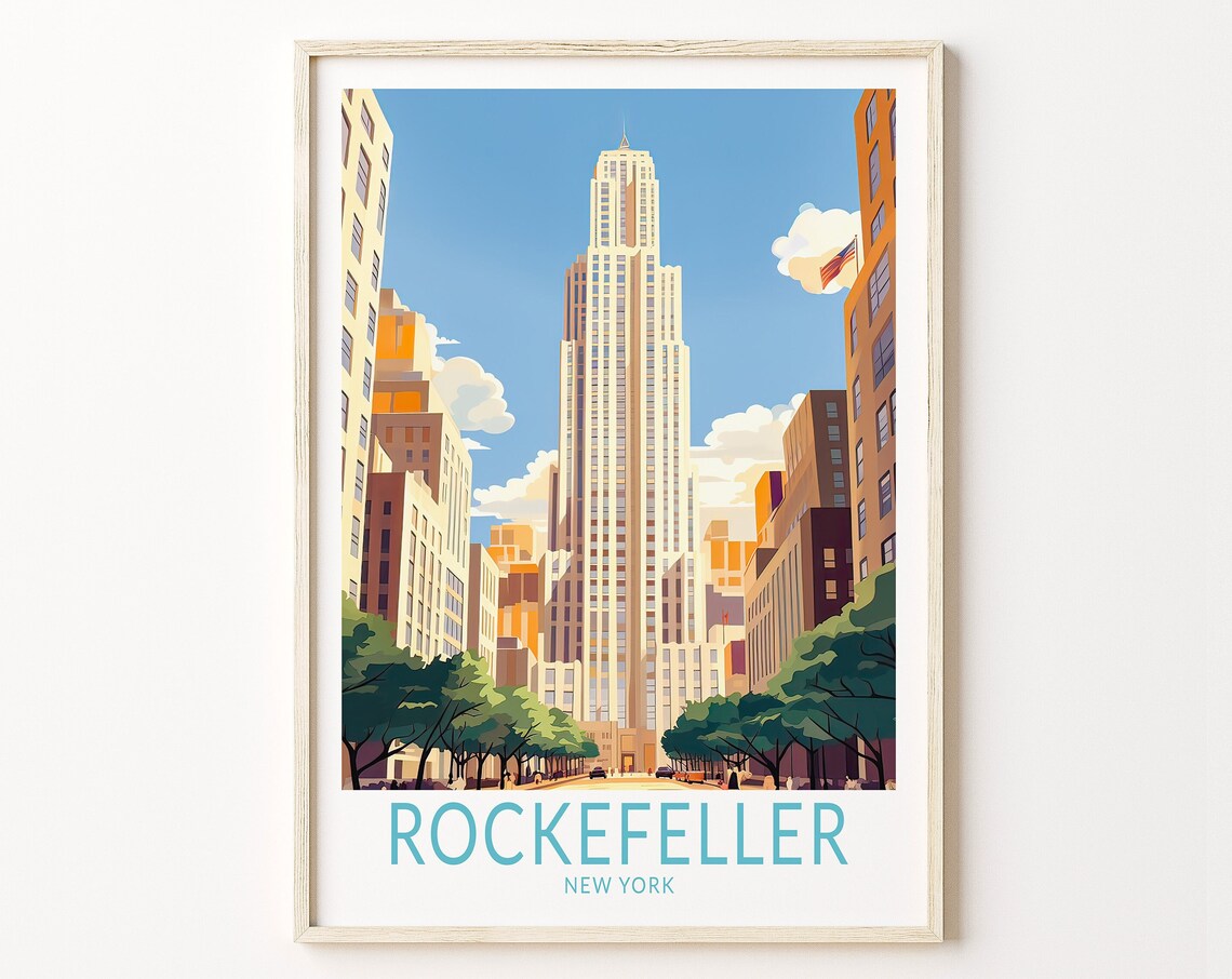 Rockefeller Center New York Vintage Illustrated Travel Poster