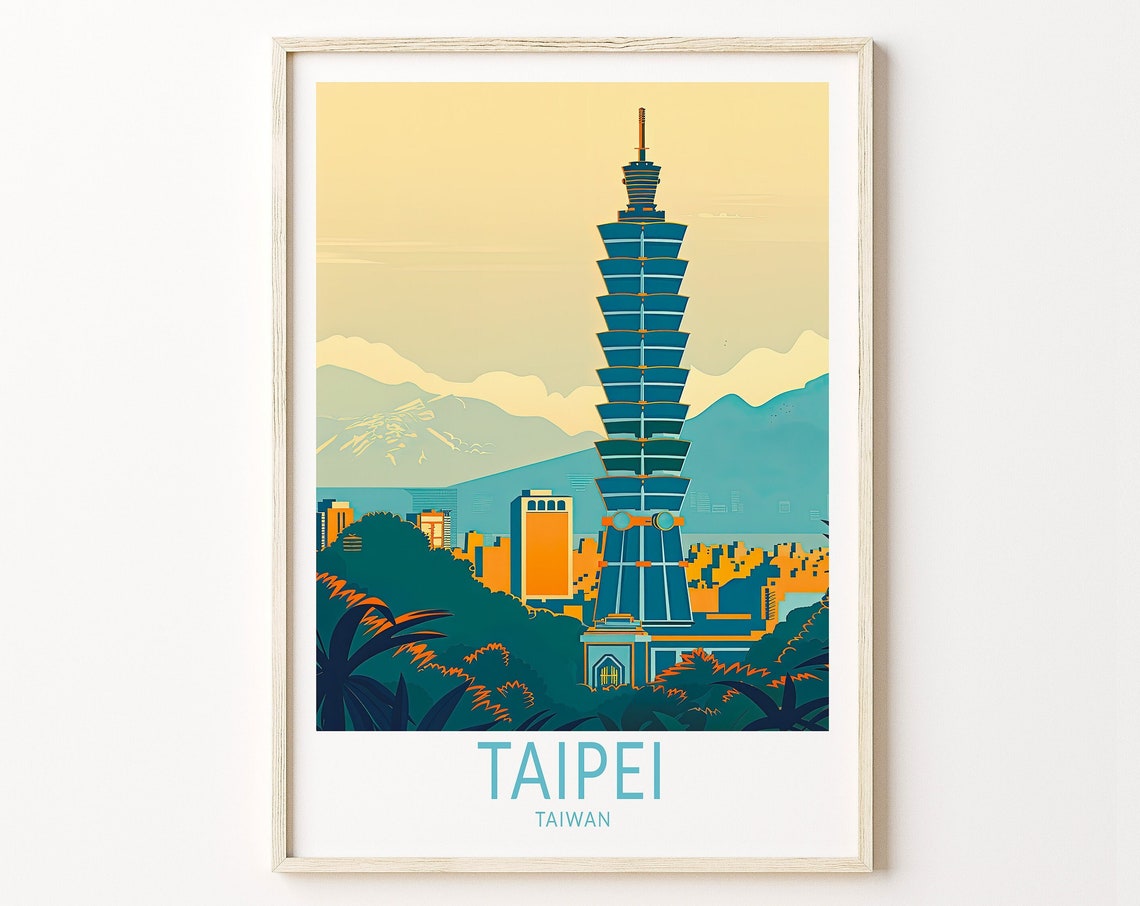 Taipei Taiwan 101 Tower Over City Sunset Skyline Travel Poster