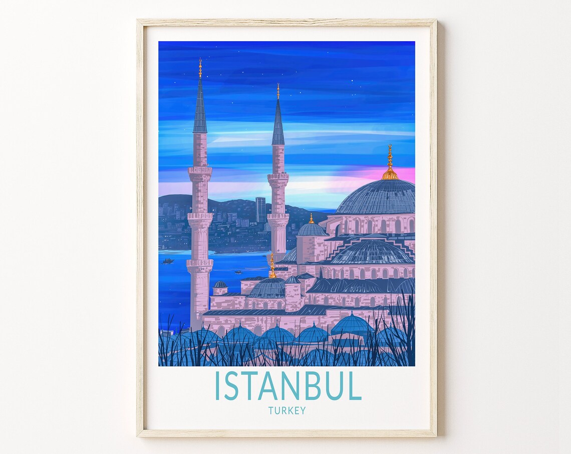 Istanbul Turkey Blue Mosque Twin Minarets Night Skyline Travel Poster
