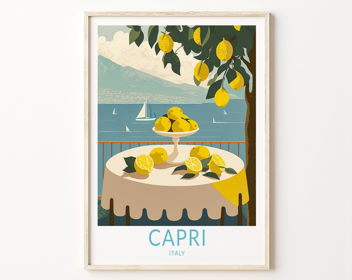 Capri Italy Lemon Terrace Overlooking Sea and Sailboats Travel Poster