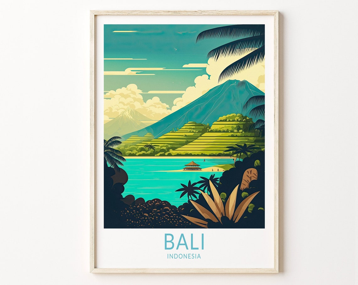 Bali Indonesia Volcano Rice Terraces Lagoon Vintage Travel Poster