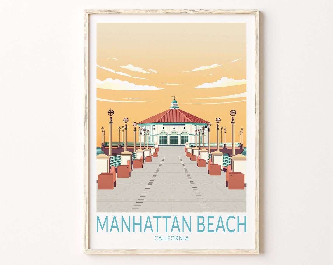 Manhattan Beach California Pier Sunset Travel Poster Retro Style