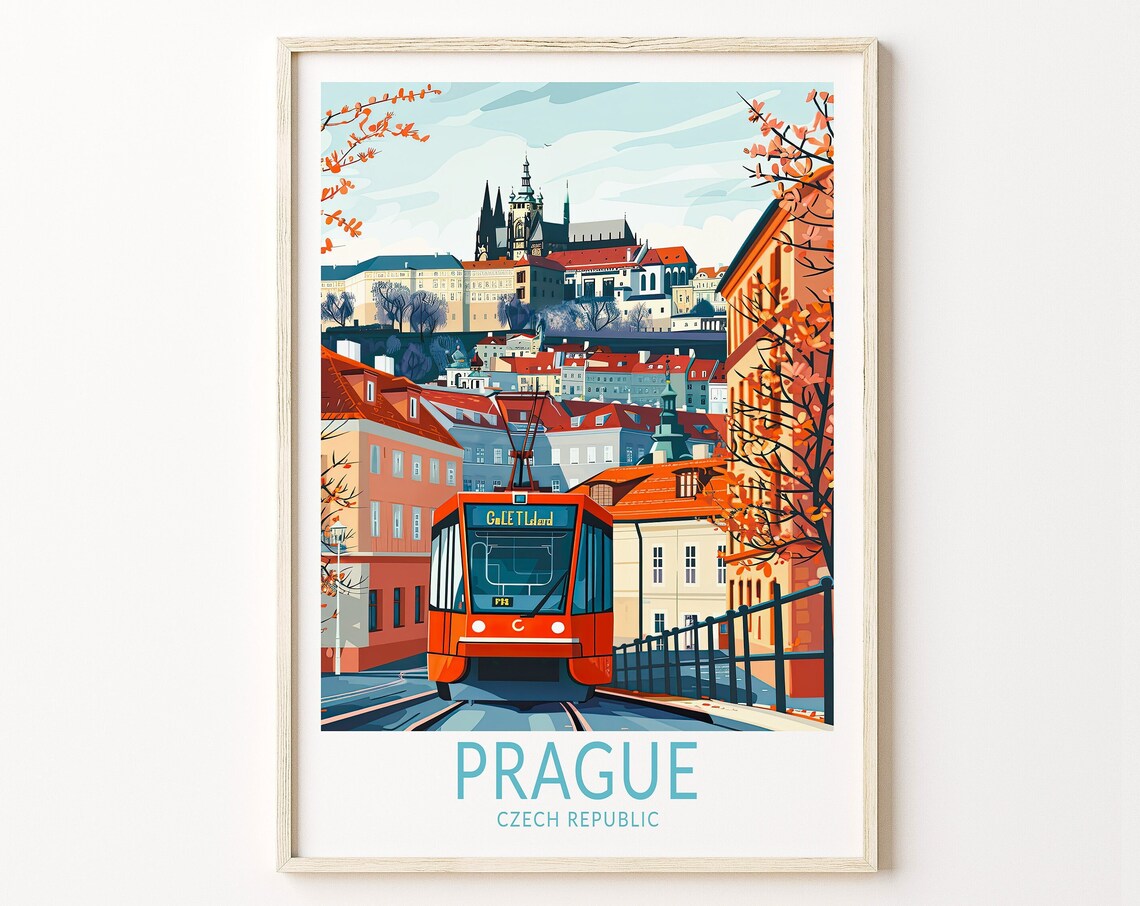 Prague Castle Autumn Red Tram Vintage Czech Travel Art Poster