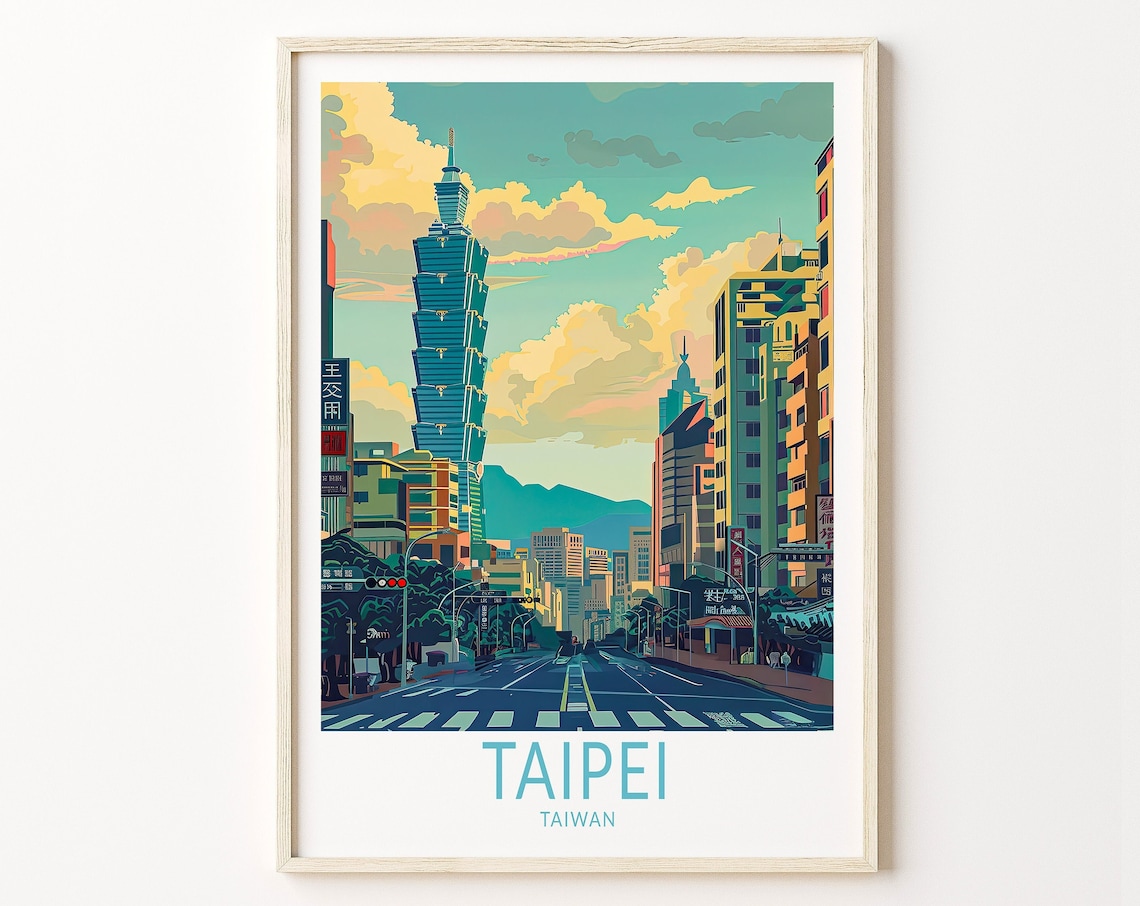 Taipei 101 Skyscraper Street Scene Taiwan Vintage Travel Poster