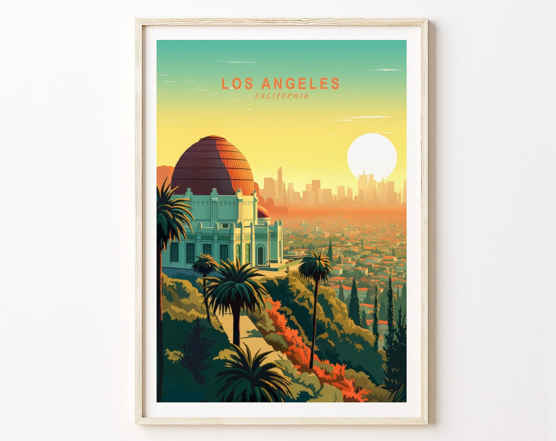 Los Angeles Griffith Observatory Sunset Skyline Travel Poster