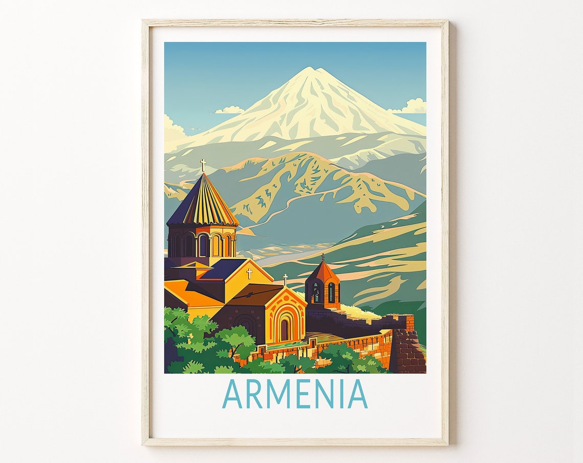 Armenia Mount Ararat Monastery Vintage Mountain Scenic Travel Poster