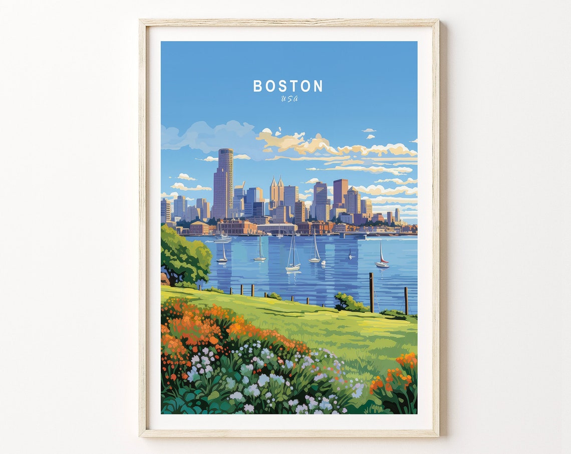 Boston Travel Print Boston City Travel Poster Boston Travel Wall Art City Skyline Artwork Boston Massachusetts Travel Poster