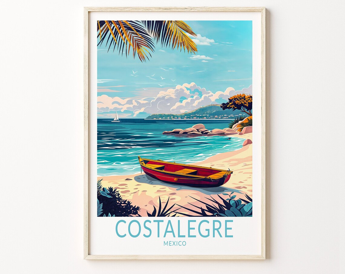 Costalegre Mexico Tropical Beach Red Boat Vintage Coastal Travel Poster
