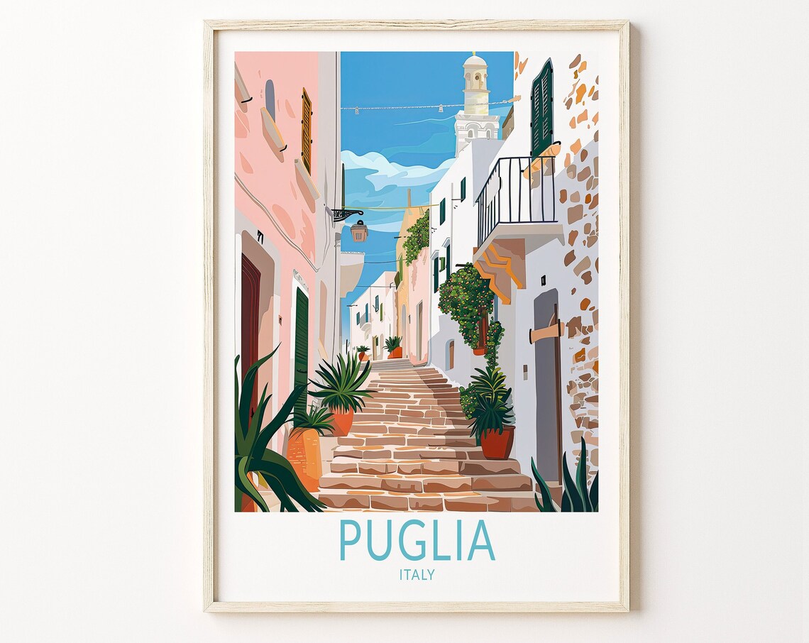 Puglia Italy Charming Old Town Stone Street Stairs Travel Poster