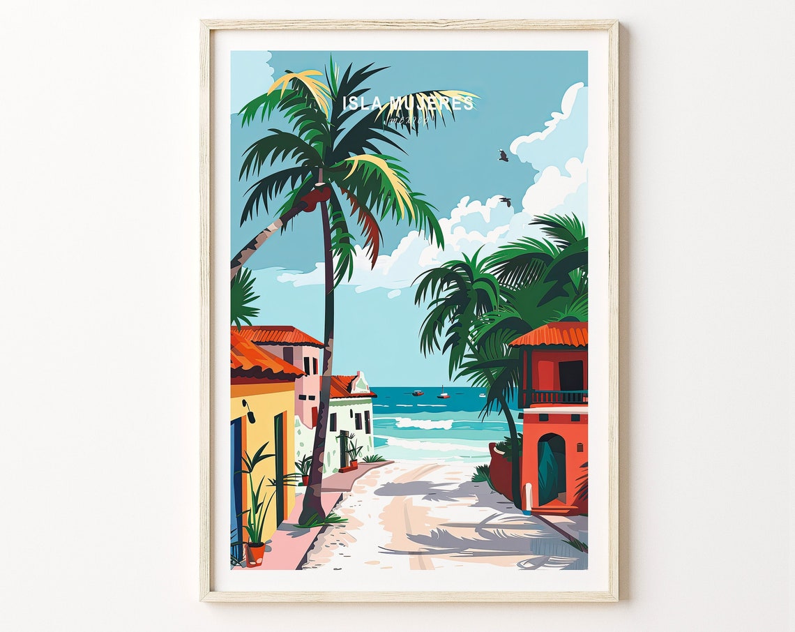 Isla Mujeres Mexico Tropical Beach Street Palm Trees Travel Poster