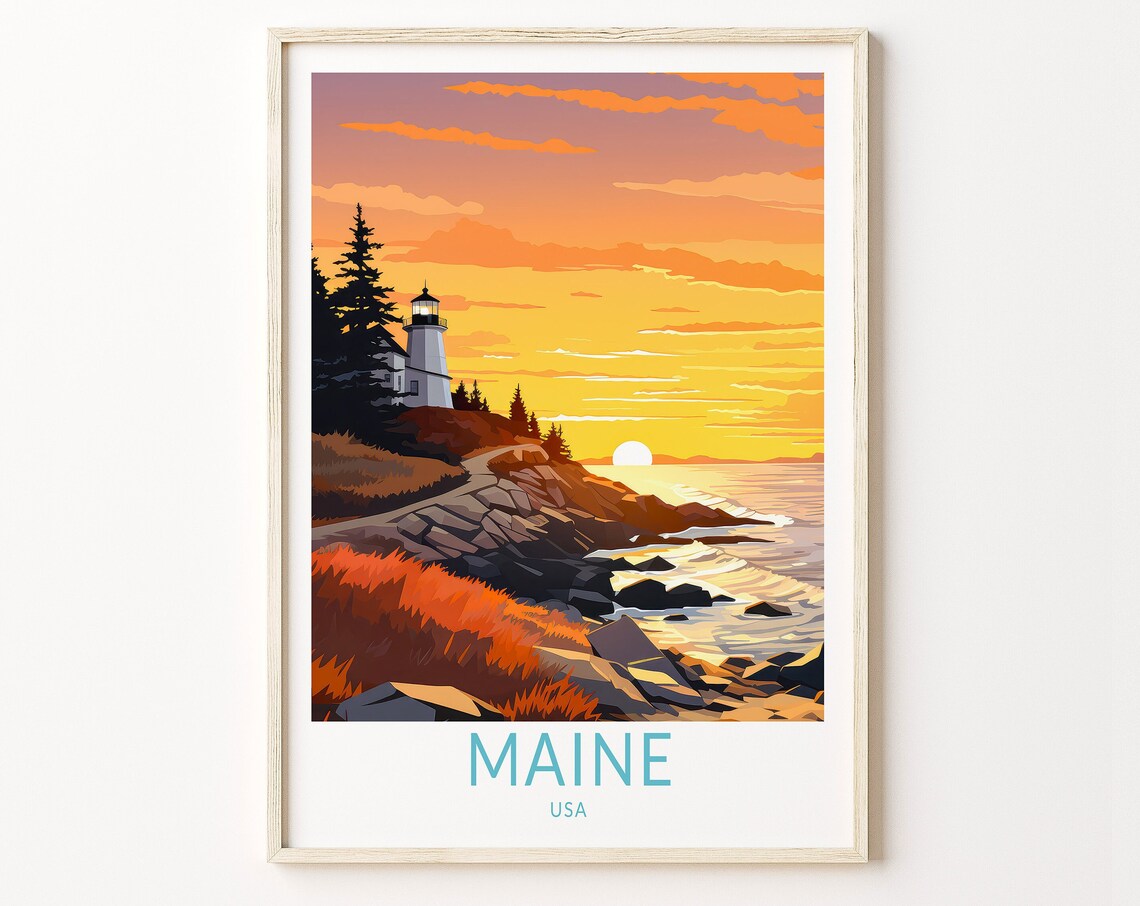 Maine State Coastal Travel Poster, Travel Print
