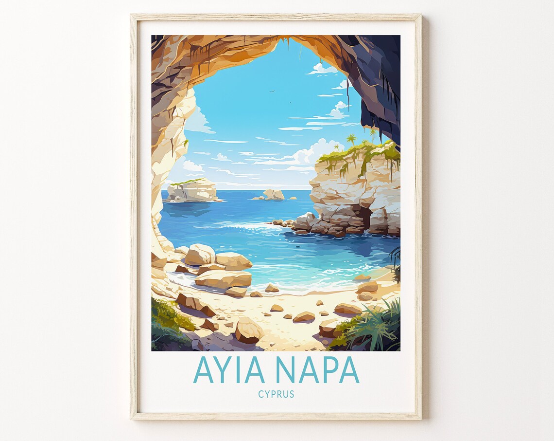 Ayia Napa Cyprus Sea Cave Hidden Cove Vintage Beach Travel Poster