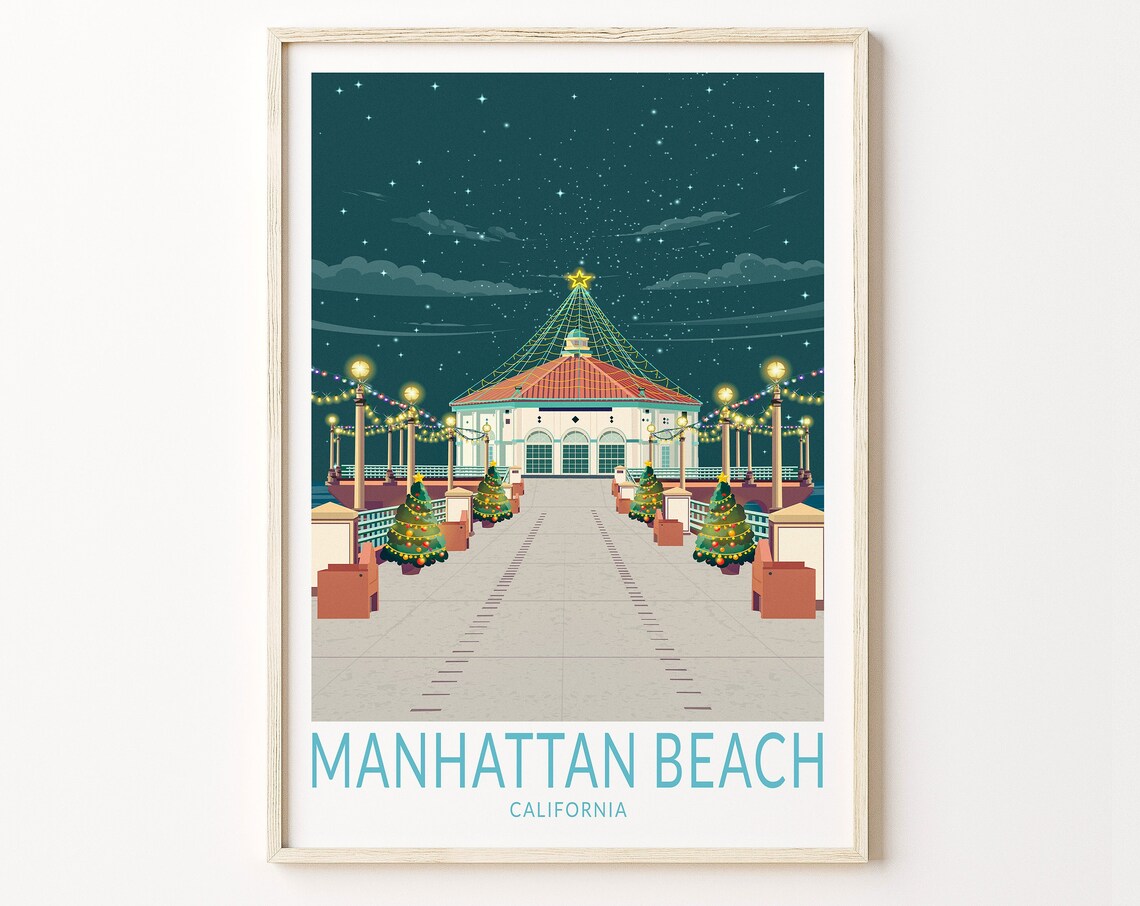 Manhattan Beach Christmas Lights Pier Poster with Teal Caption Below