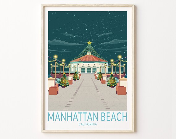 Manhattan Beach Christmas Lights Pier Poster with Teal Caption Below