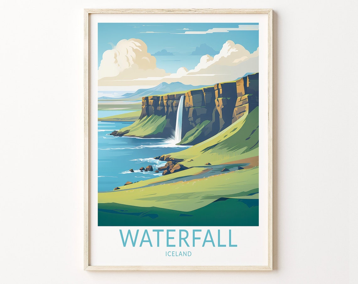 Waterfall Iceland Travel Poster Waterfall Wall Art Iceland Travel Print City Personalised Gifts Travel Gifts Home Decor