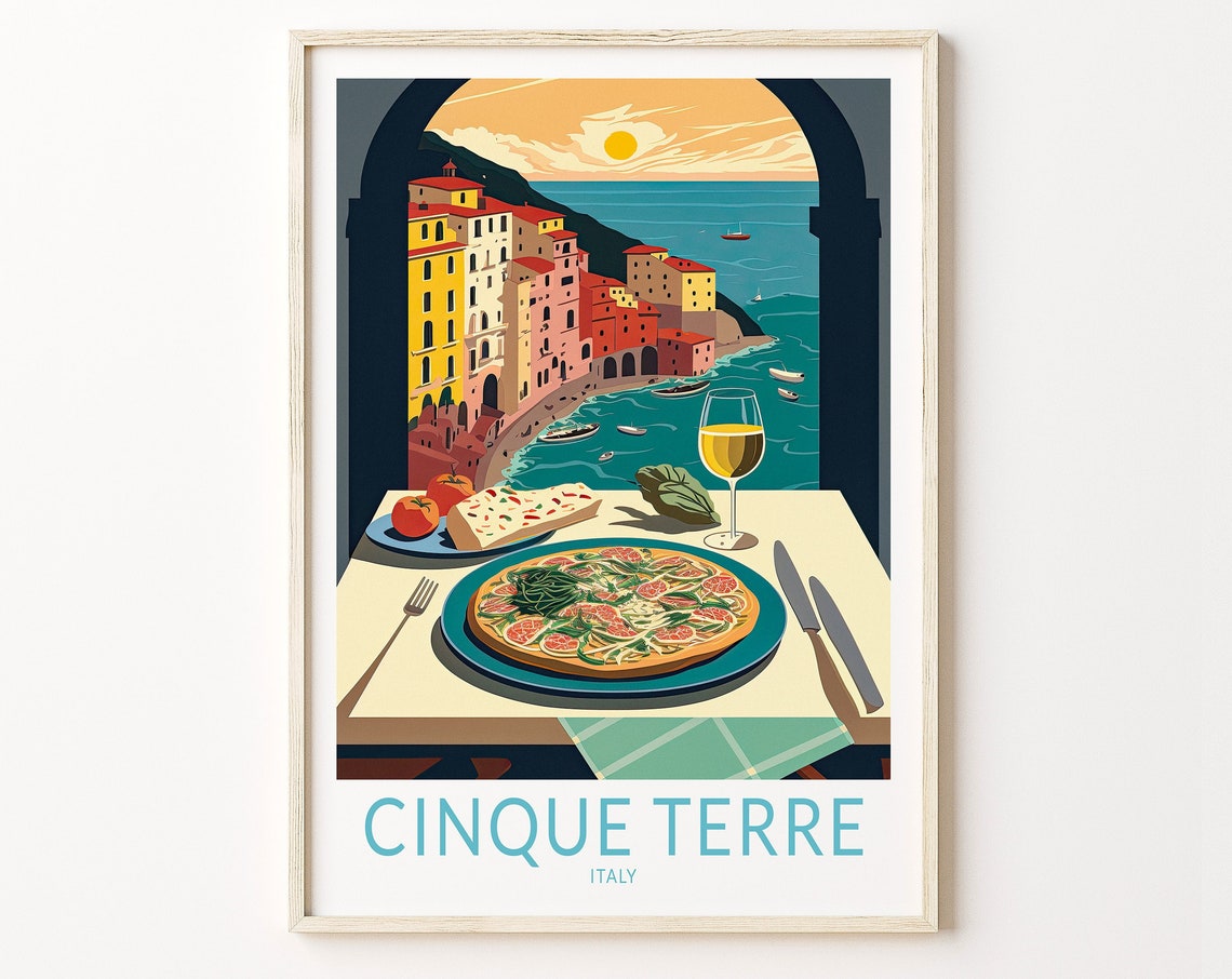 Cinque Terre Italy Sunset Village Pizza Feast Food Travel Poster