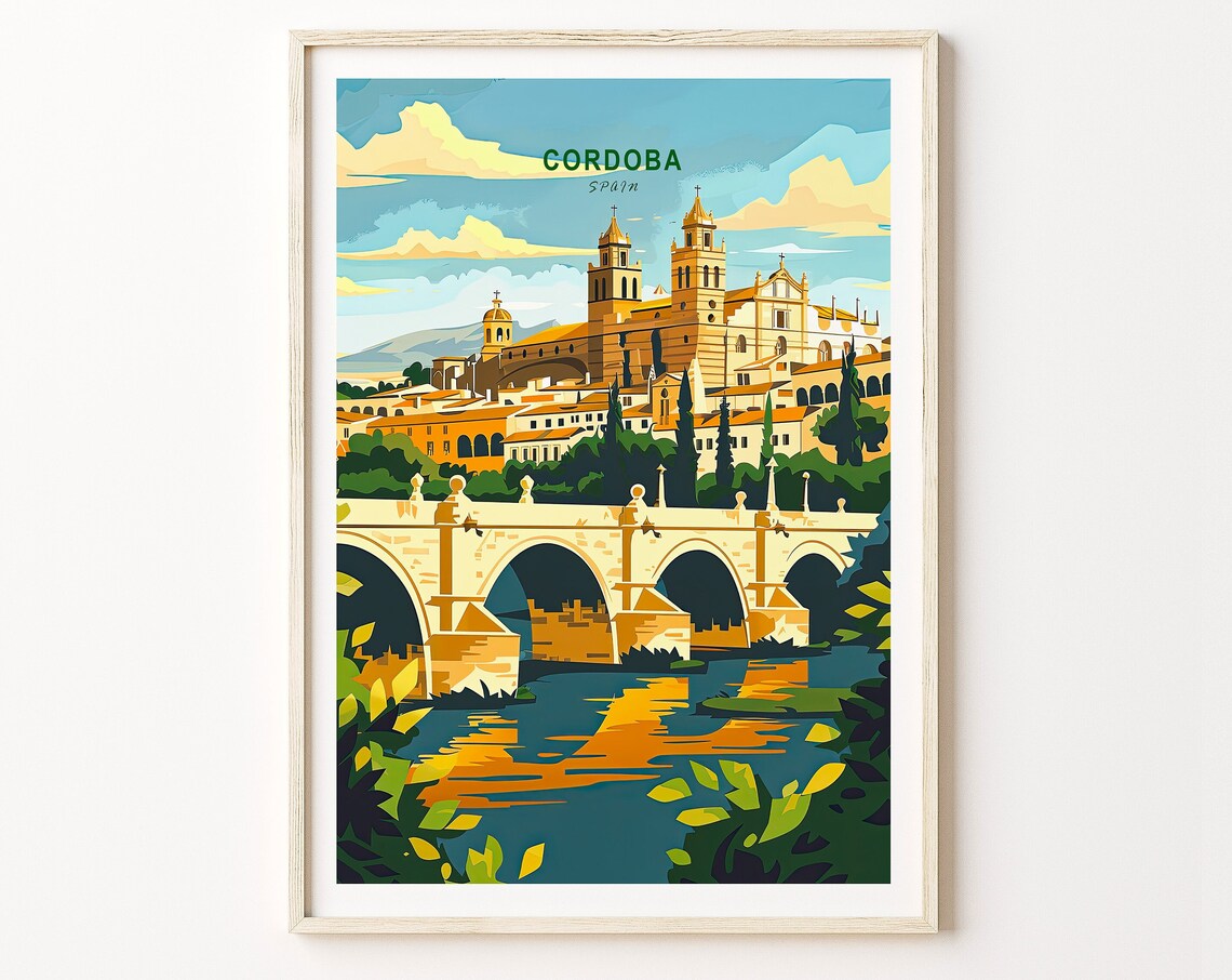 Cordoba Spain Roman Bridge Mezquita Vintage Travel Art Poster