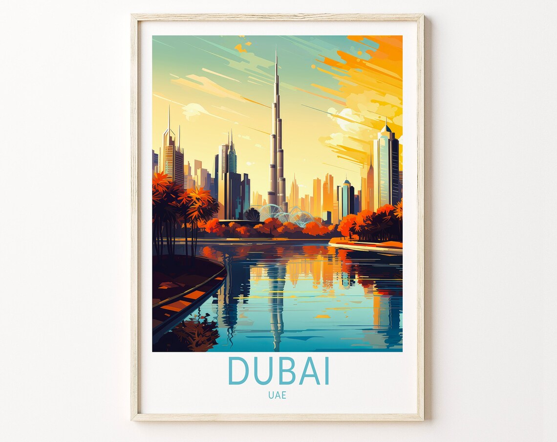 Dubai UAE Burj Khalifa Sunset Skyline Reflection Travel Poster