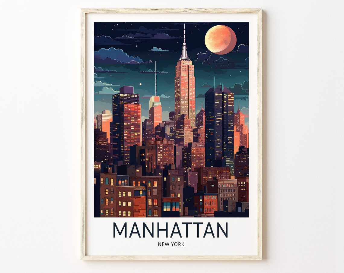 Manhattan Night Moon Empire State Building New York City Poster