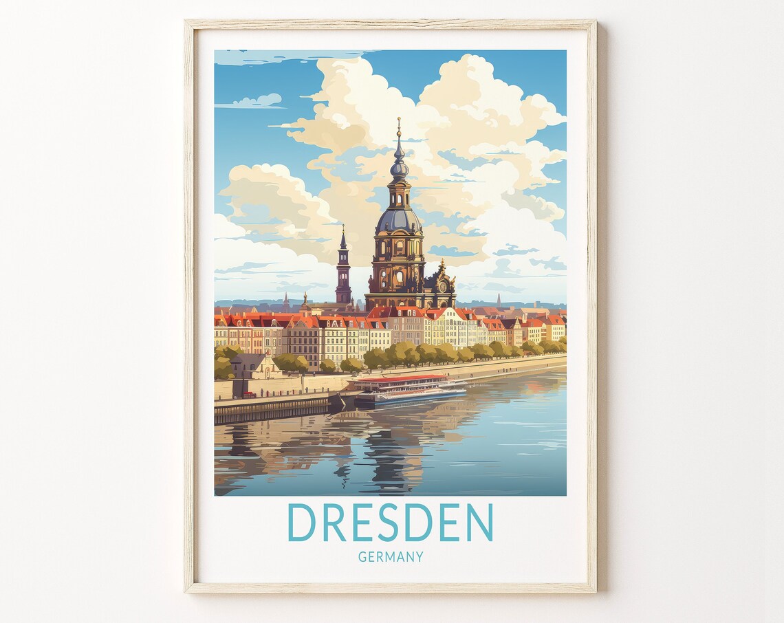 Dresden Germany Vintage-Style Elbe River Cityscape Travel Poster
