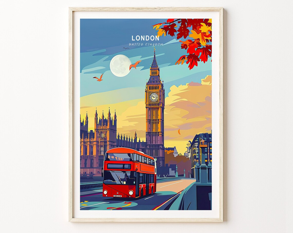 London Big Ben Autumn Moon Red Double Decker Bus Travel Poster