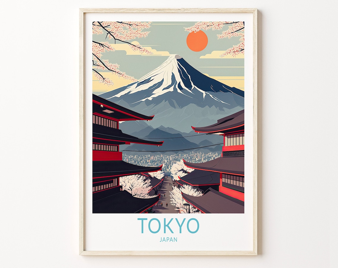 Tokyo Japan Travel Poster, Fuji Mountain City Art