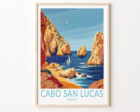Cabo San Lucas Mexico Golden Cliffs Sailboat Teal Travel Poster