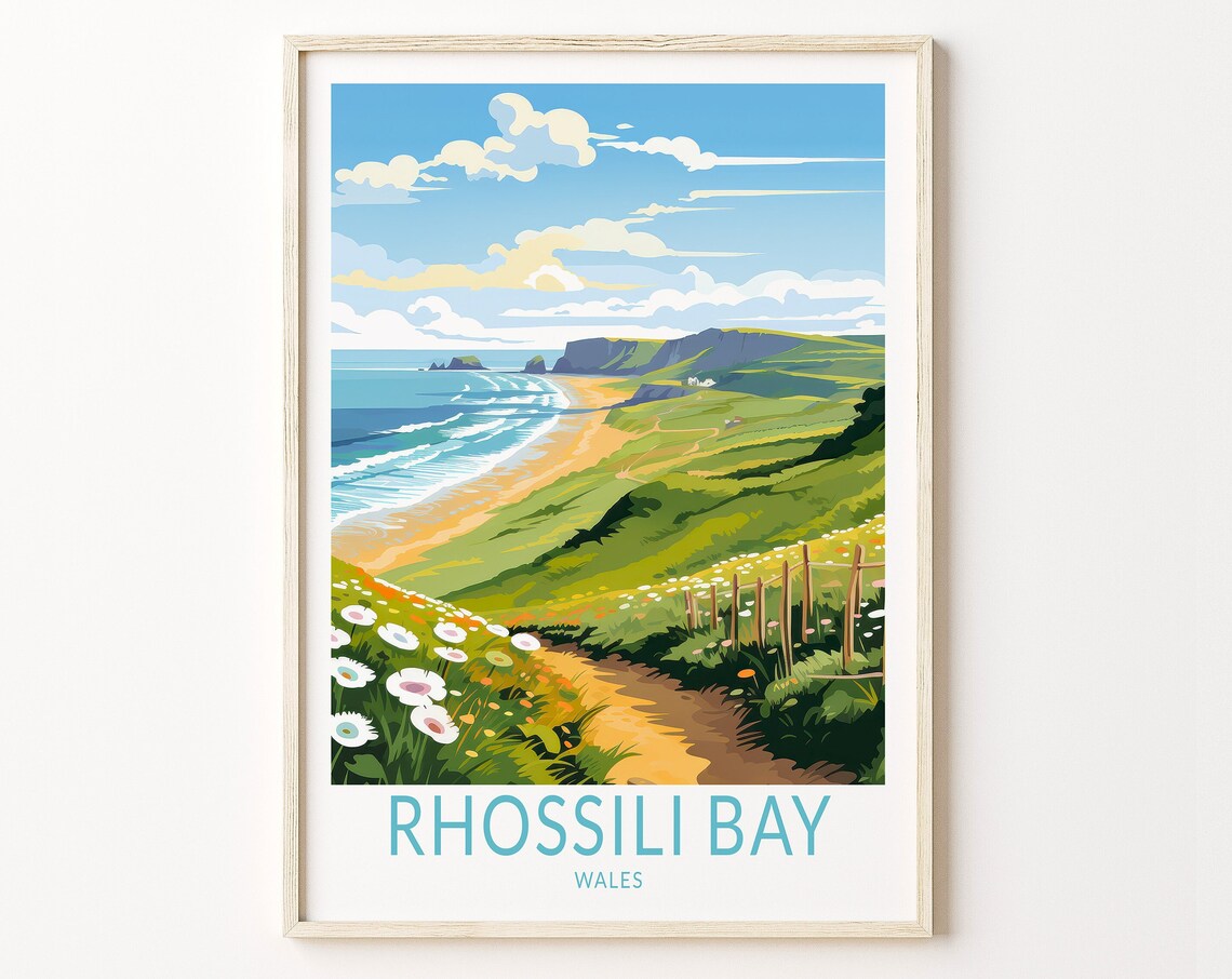 Rhossili Wales Landscape Travel Poster, Coastal View