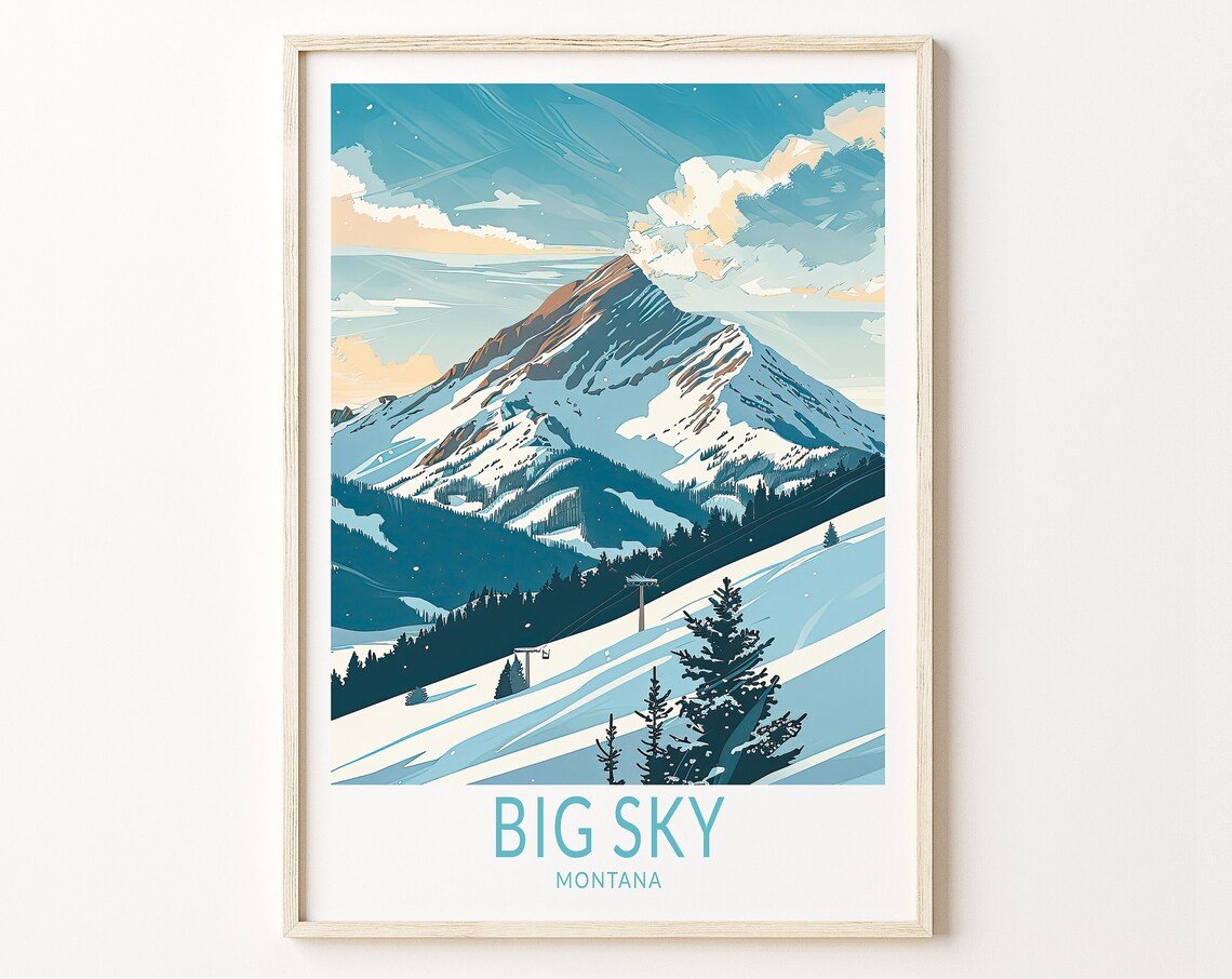 Big Sky Montana Snowy Ski Mountain Peak Vintage Travel Poster