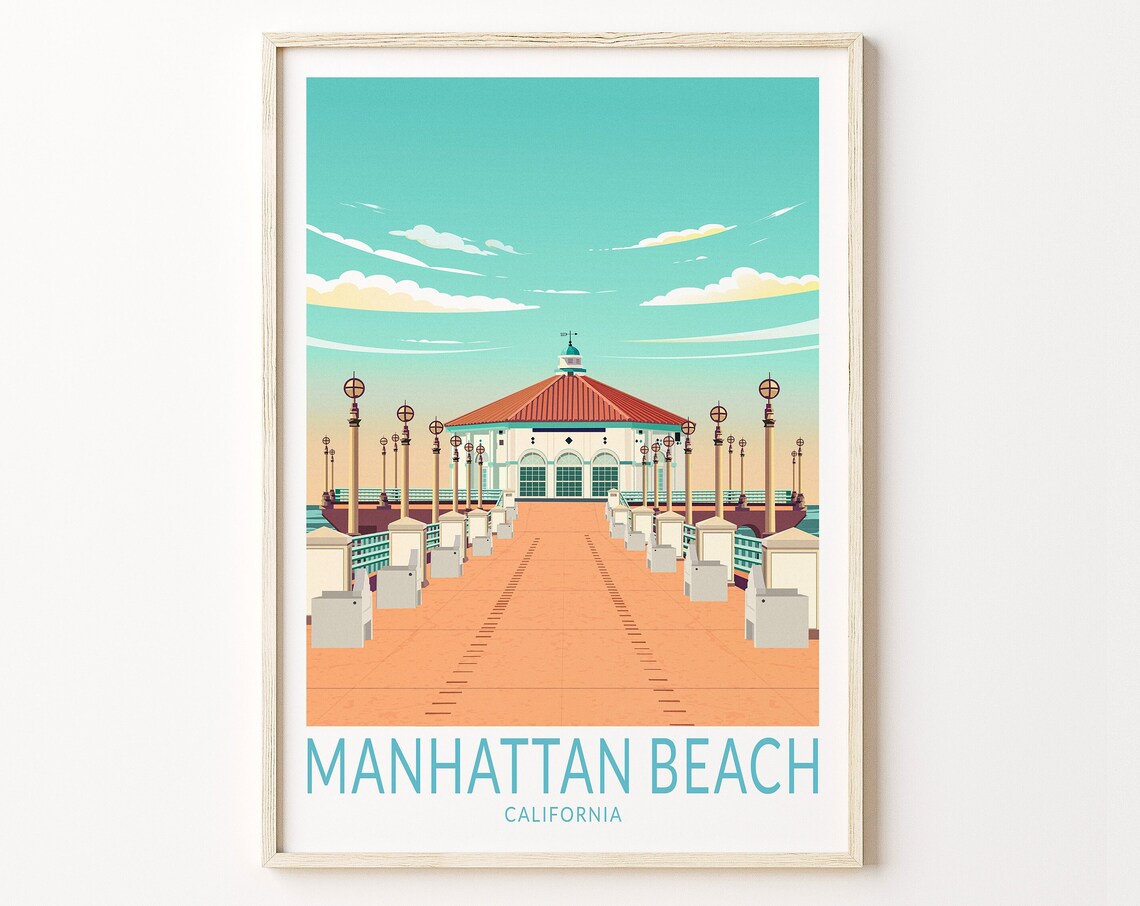 Manhattan Beach Pier California Retro Travel Illustration Poster