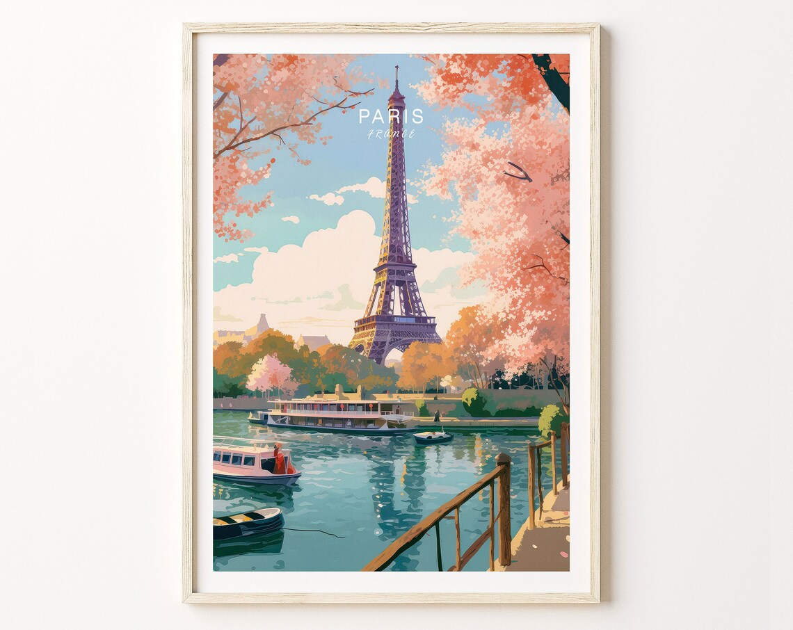 Paris France Eiffel Tower Cherry Blossom Spring Travel Art Poster