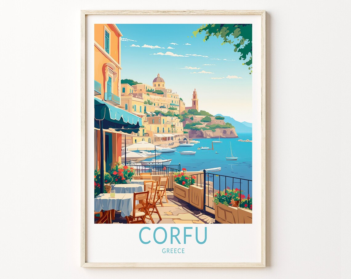 Corfu Greece Travel Poster, Coastal City Wall Decor