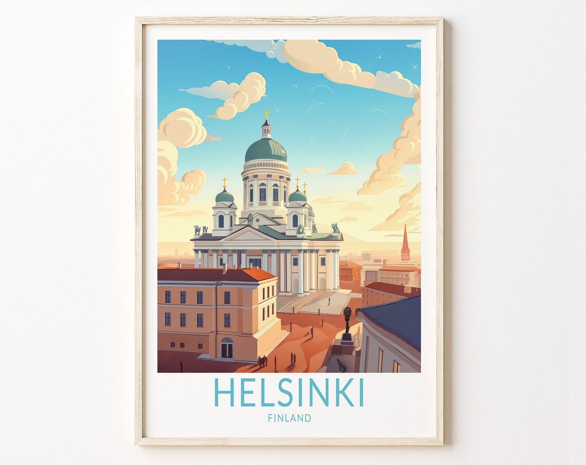 Helsinki Finland Cathedral Rooftops Golden Sunset Travel Poster