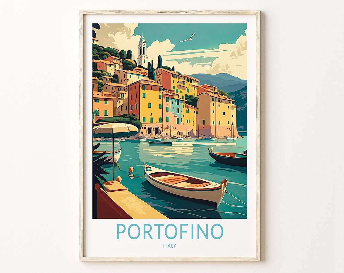 Portofino Harbor Colorful Village Boats Retro Italy Travel Poster