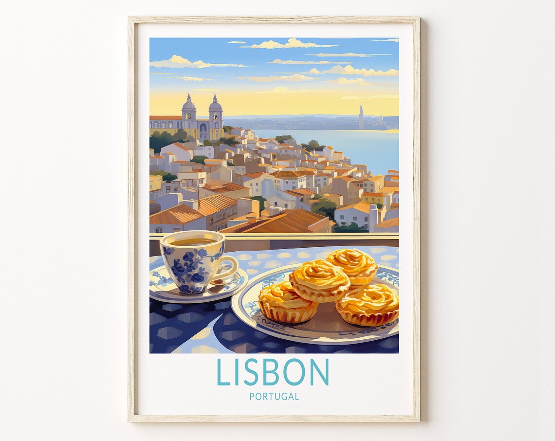 Lisbon Portugal Travel Poster, Train and Food Art Print