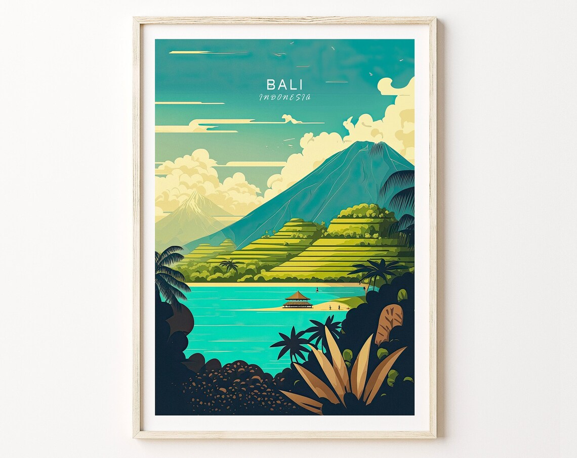 Bali Indonesia Retro Travel Poster With Volcano And Rice Terraces