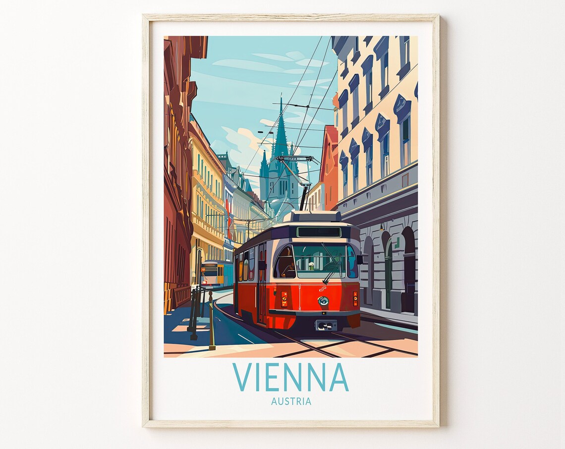 Vienna Austria Red Tram Historic Old Street Travel Art Poster