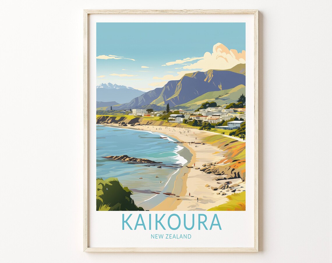 Kaikoura New Zealand Sandy Beach Cove Vintage Travel Art Poster