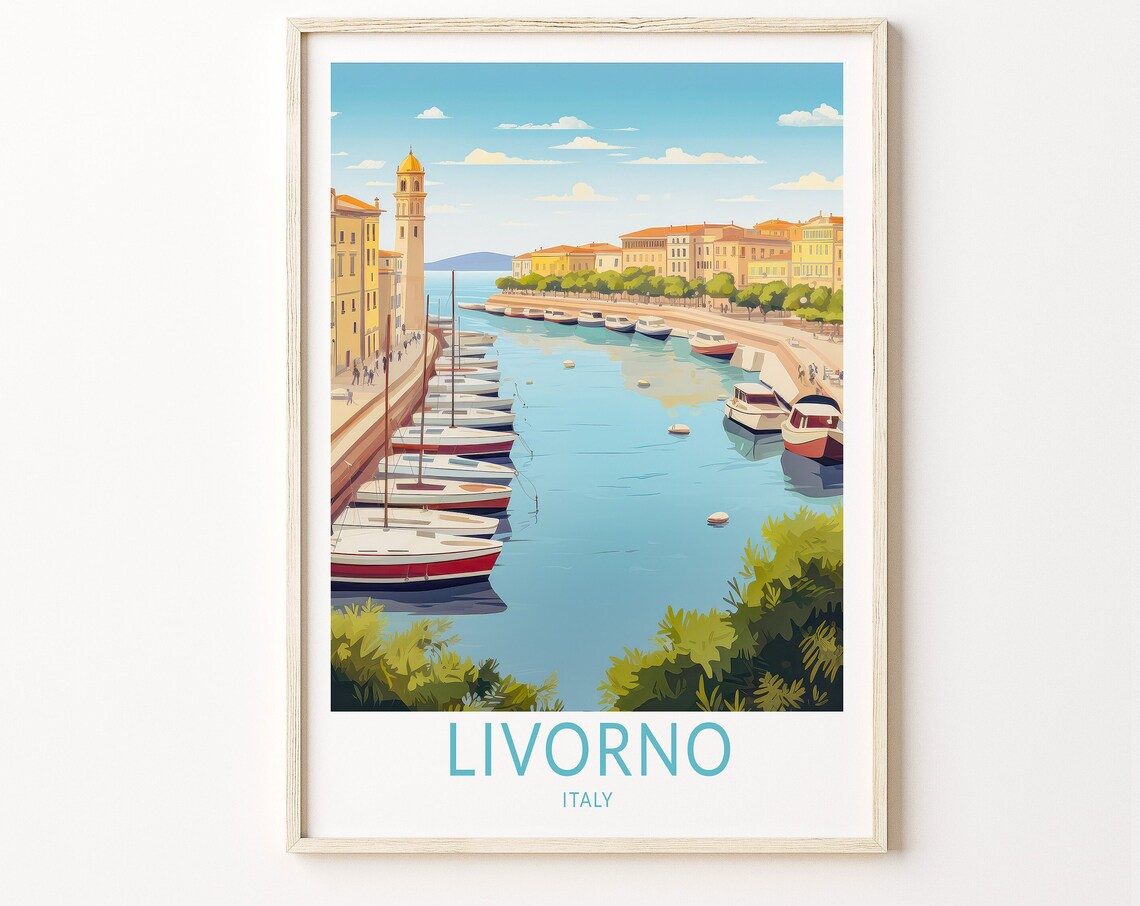 Livorno Italy Harbor Boats Bell Tower Waterfront Travel Poster