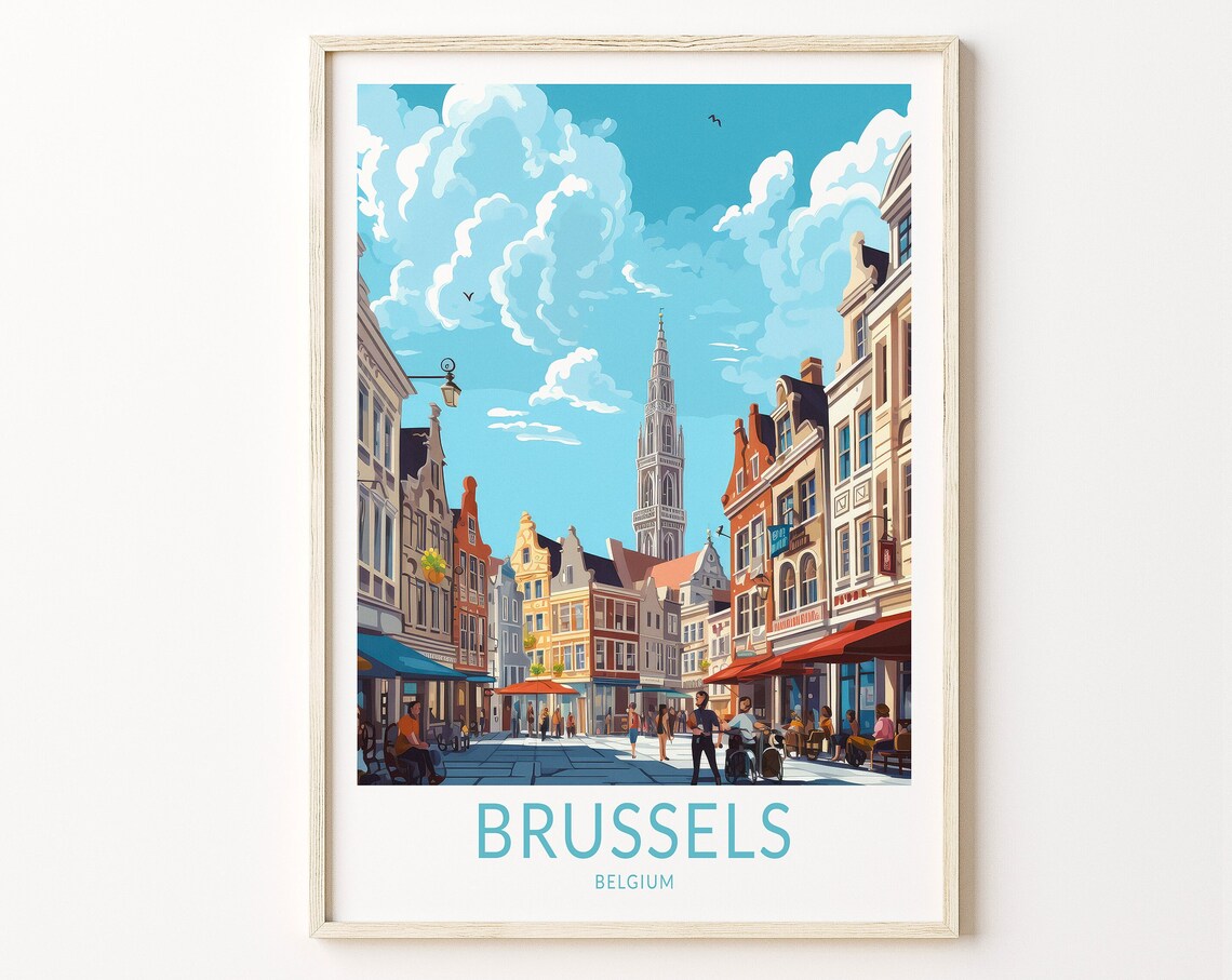 Brussels City Travel Poster, Belgium Cityscape Art
