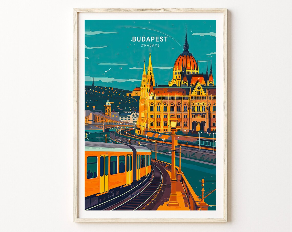 Budapest Hungary Parliament Building Night Vintage Travel Poster