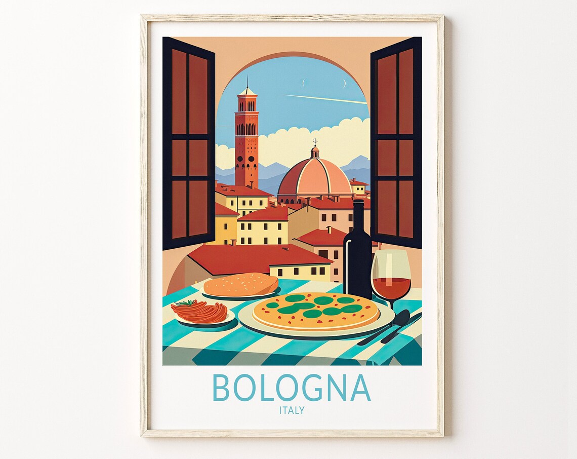 Bologna Italy Pizza Pasta Wine Table Window View Food Poster