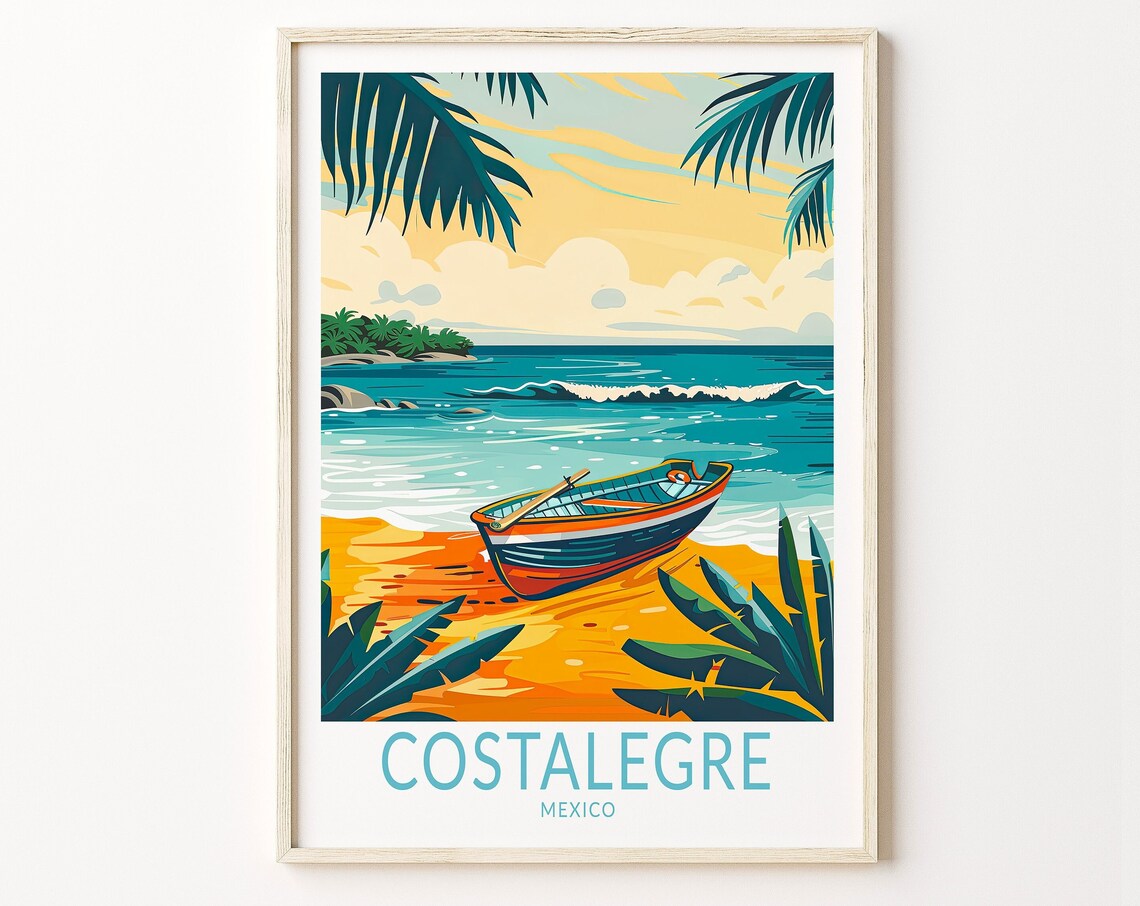 Costalegre Mexico Tropical Beach With Boat Vintage Style Travel Poster