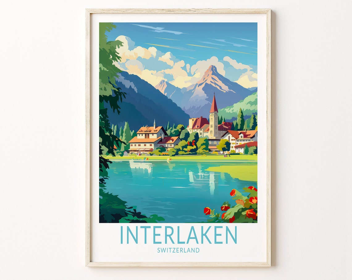 Interlaken Switzerland Lakeside Town and Alpine Peaks Travel Poster