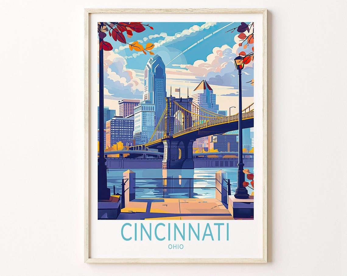 Cincinnati Ohio Roebling Bridge Autumn Retro Travel Art Poster