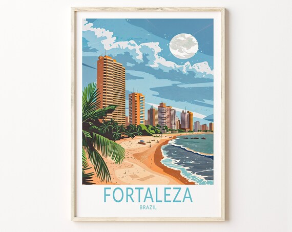Fortaleza Brazil Sunny Beachfront Skyline Palm Trees Travel Poster